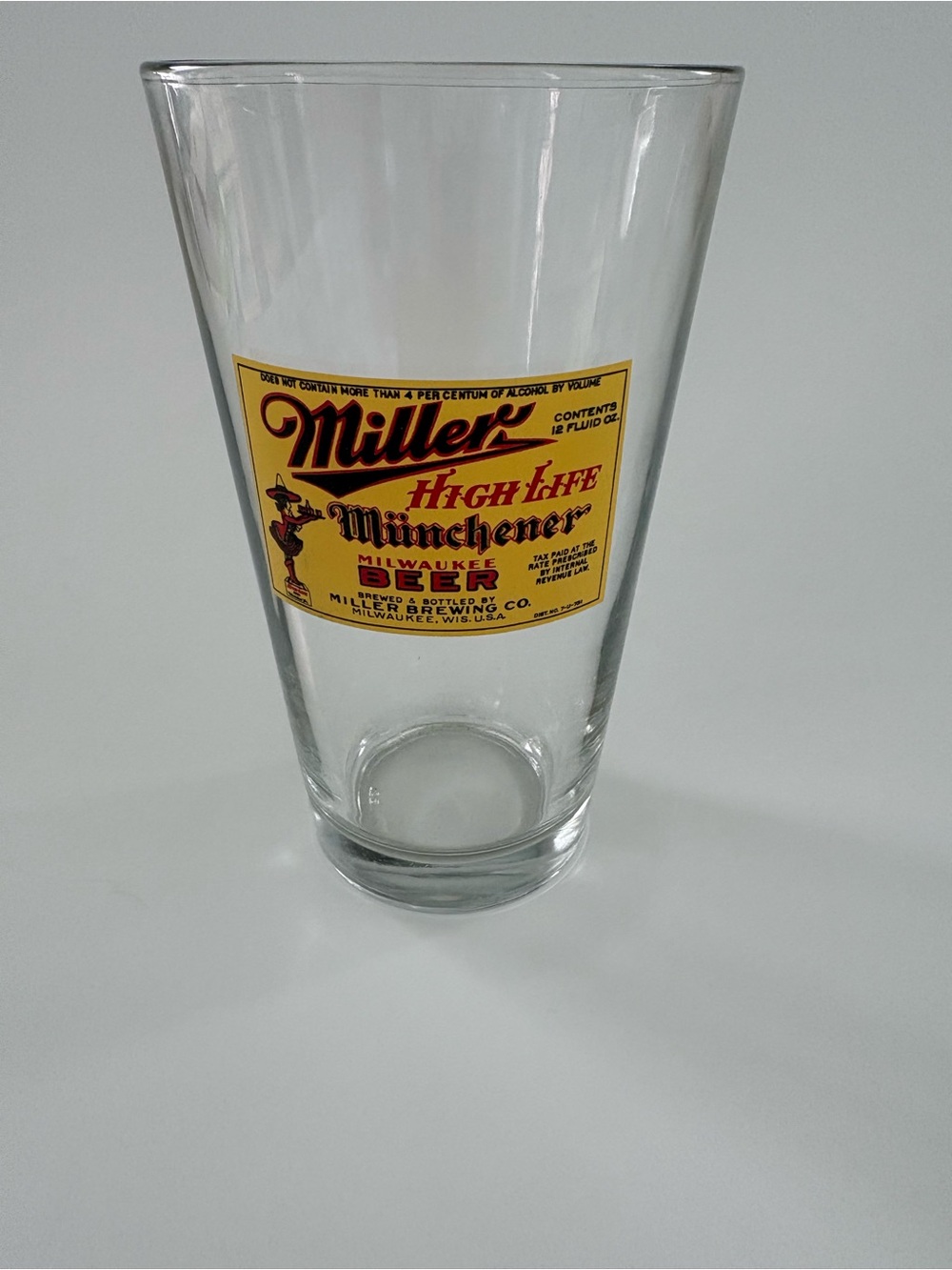 Vintage Miller High Life Münchener Milwaukee Clear Pint Glass Yellow Label